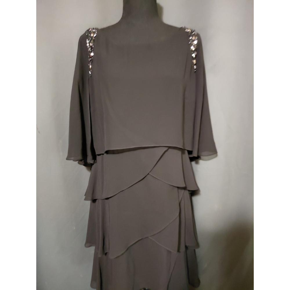 SLNY Tiered Dress Cocktail Boat Neck Black Chiffon Beaded Women Size 10 - Picture 6 of 10